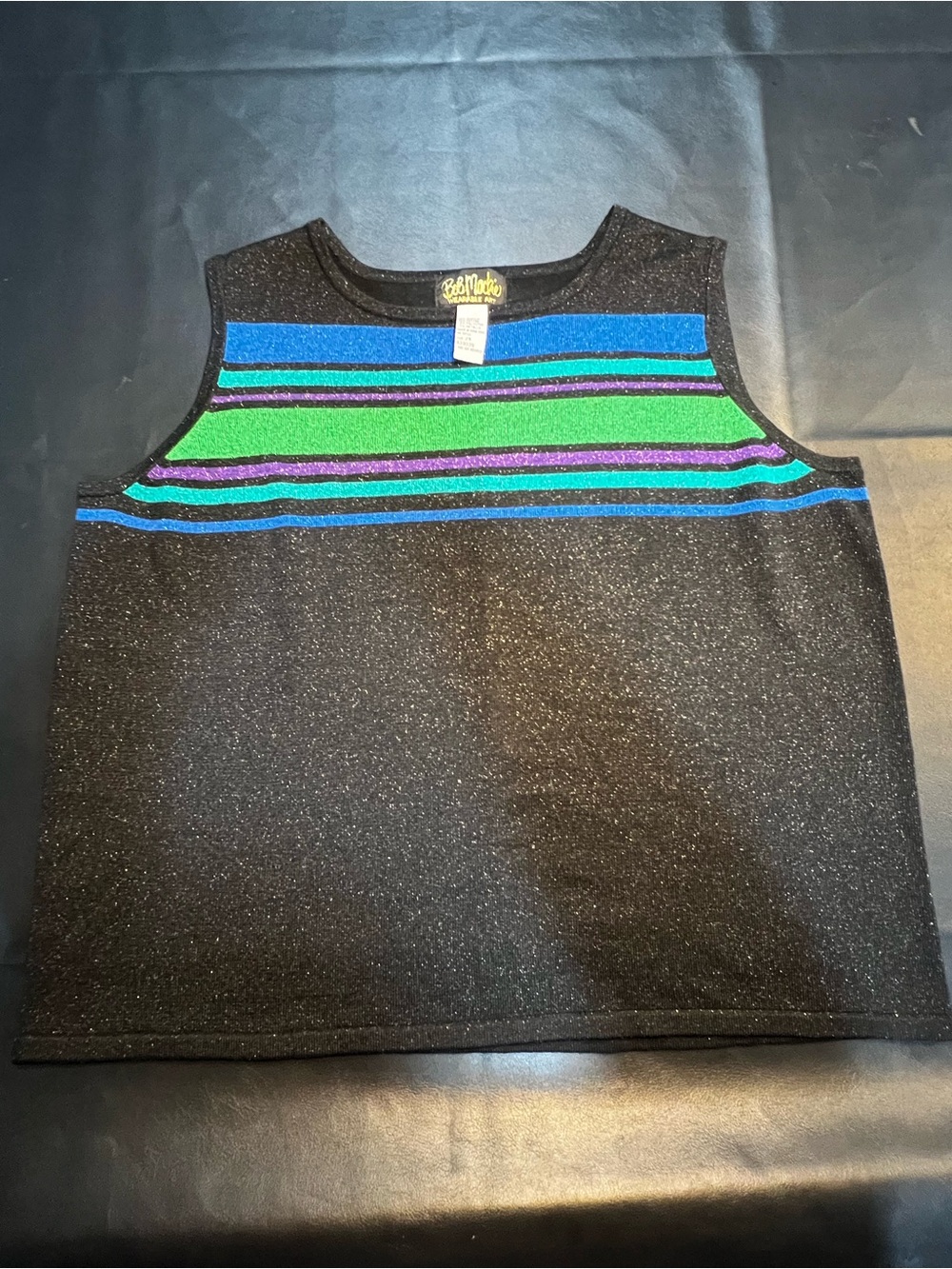 Bob Mackie Sparkly Black Tank with Blue, Green and Purple Stripes Plus Size 2X